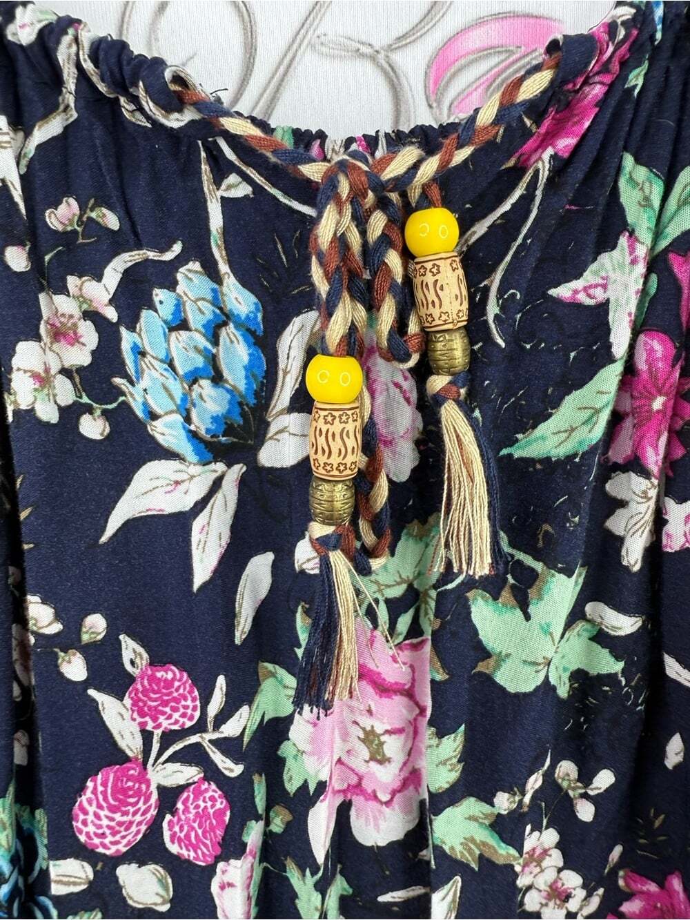 Dress long flowy braided Bohemian Floral Maxi Dress with Border Hem - Navy - Picture 6 of 16